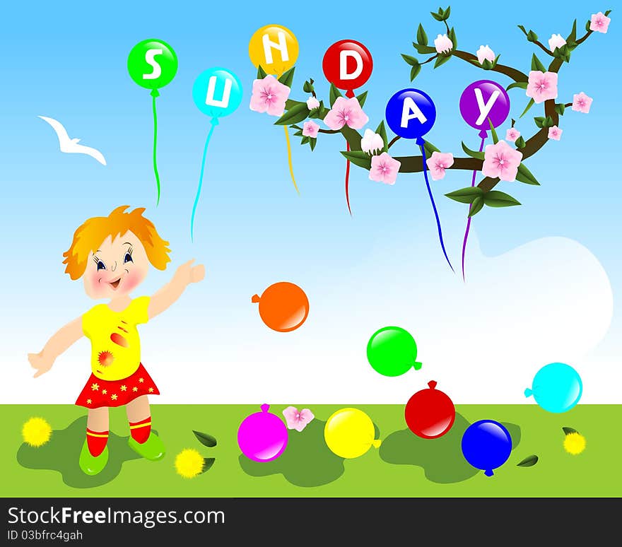 Girl playing with baloons and baloons with letters forming the word Sunday, vector format. Girl playing with baloons and baloons with letters forming the word Sunday, vector format