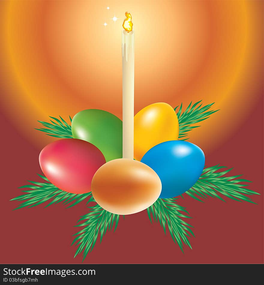 Easter background with a burning candle and the Easter eggs. Easter background with a burning candle and the Easter eggs.