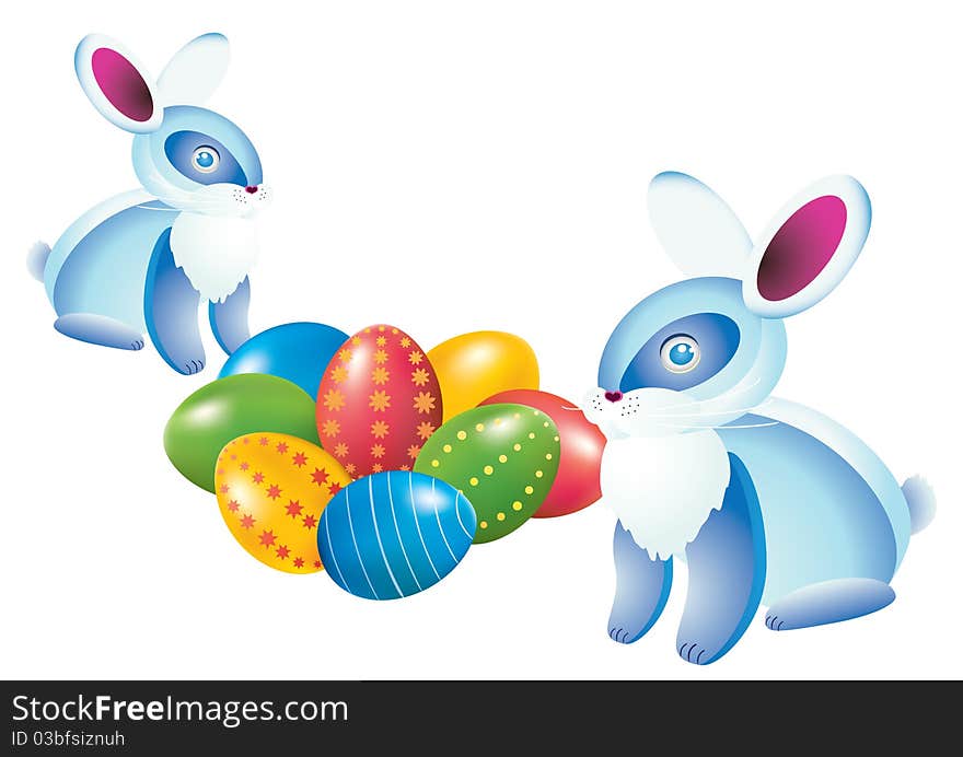 Easter eggs and rabbits on a white background. Easter eggs and rabbits on a white background.