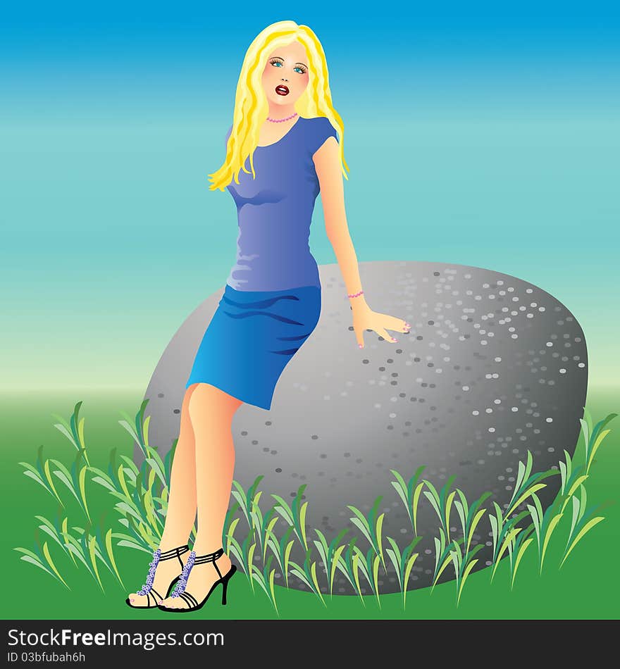 Beautiful girl on a background of grass, stone and sky. Beautiful girl on a background of grass, stone and sky.