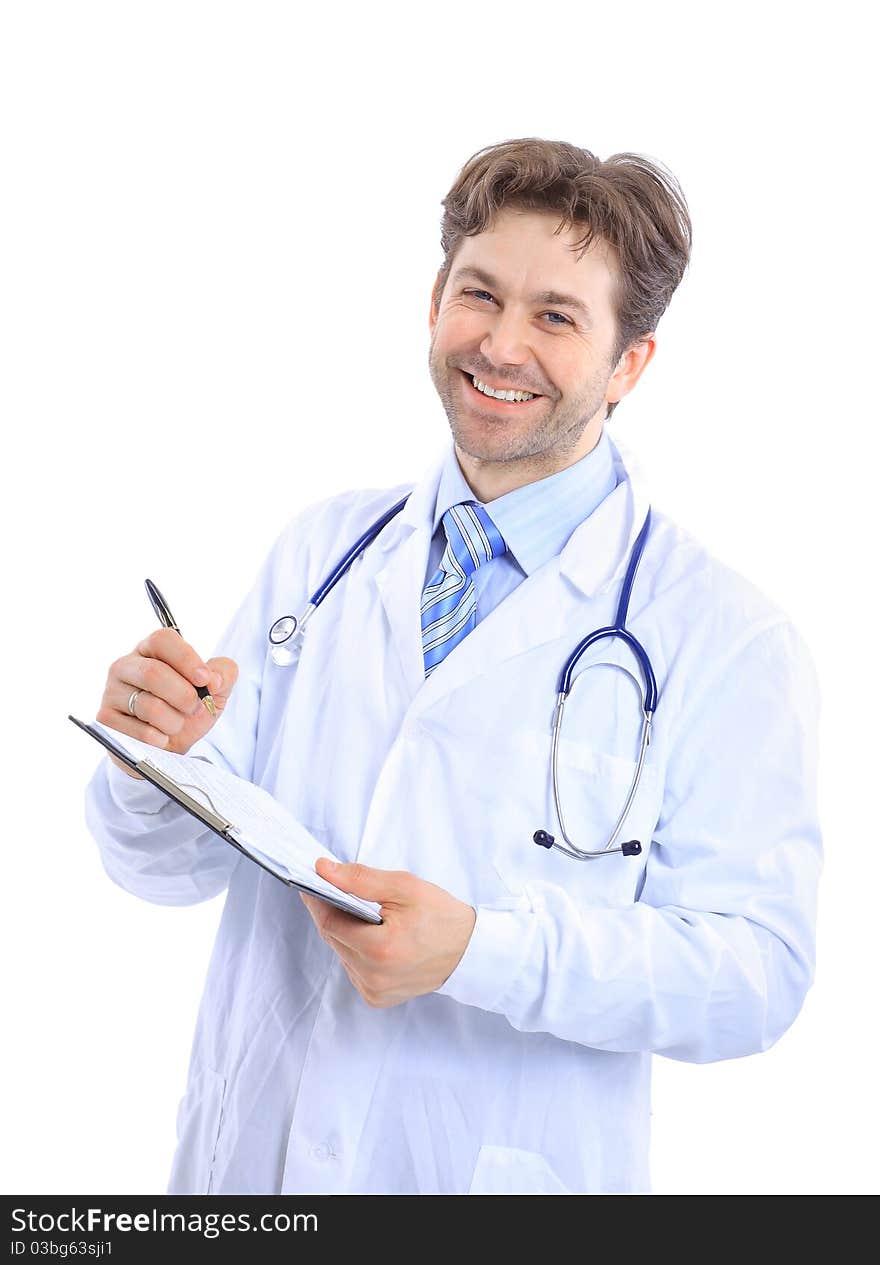 Medical doctor with stethoscope. Isolated over white background