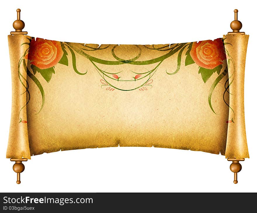 Floral vintagel background.Old paper scroll with rose