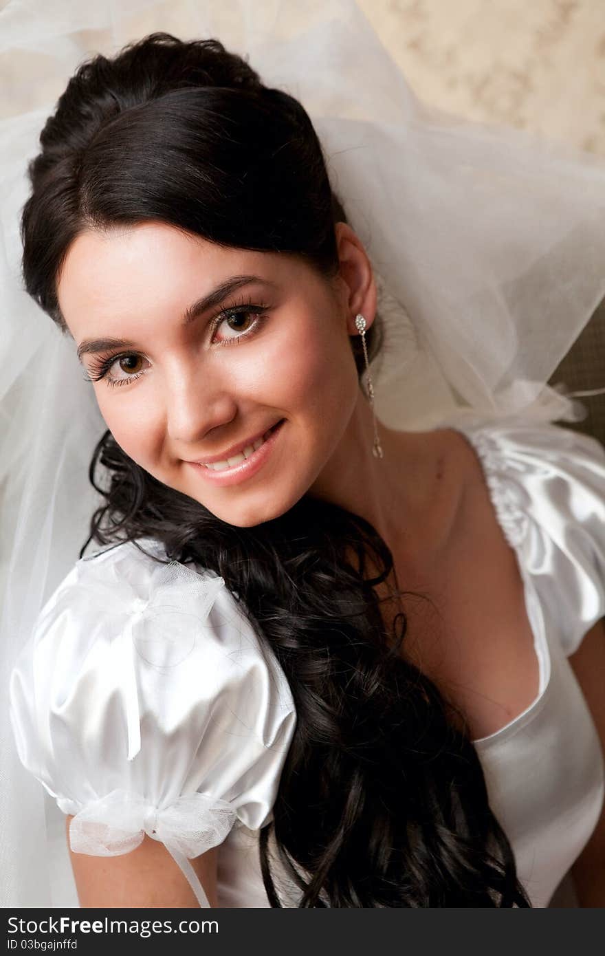 Young bride puts on veil on head. Young bride puts on veil on head