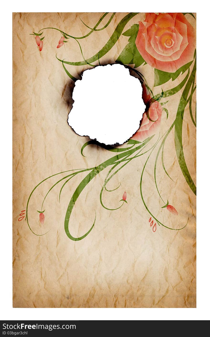 Burn hole in a piece of paper with roses decoration. Burn hole in a piece of paper with roses decoration