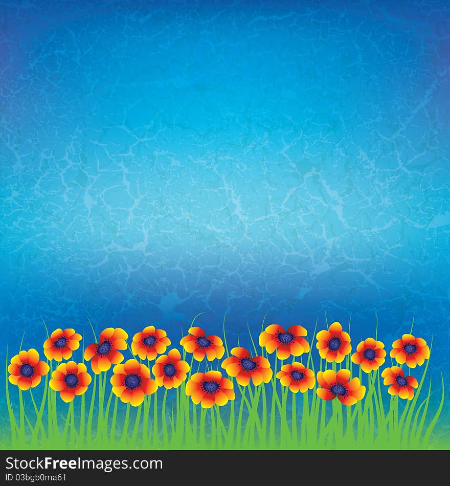 Abstract floral background with yellow flowers on blue. Abstract floral background with yellow flowers on blue