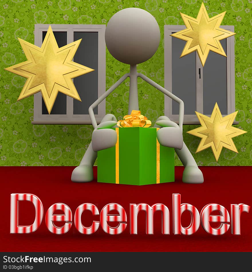 3d figure with a present; the picture deals with the subject of december. 3d figure with a present; the picture deals with the subject of december.