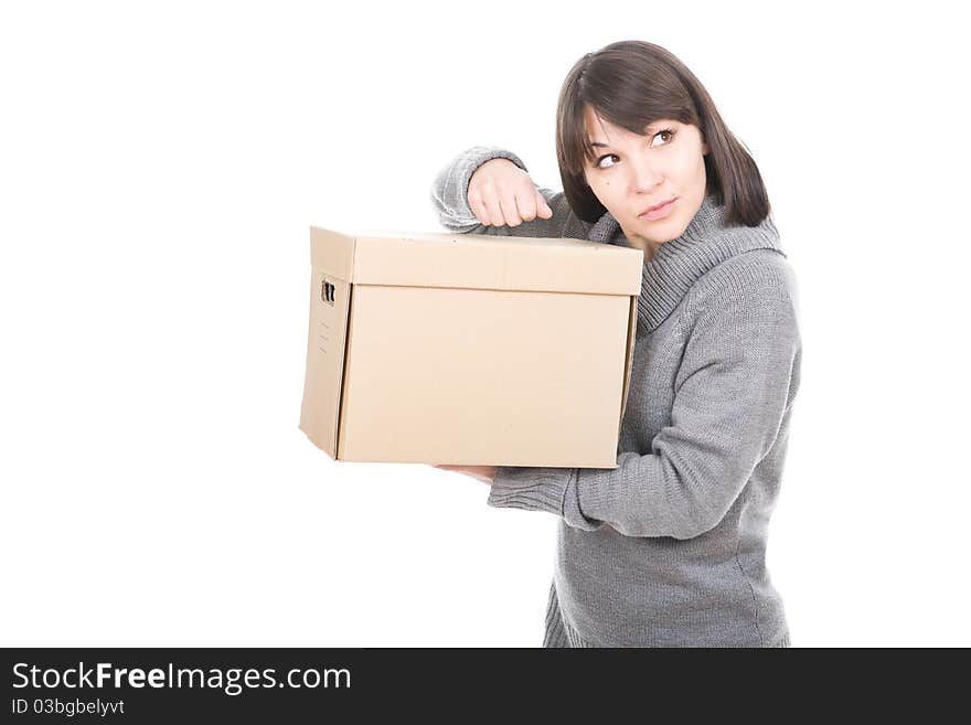 Young adult brunette woman holding cardbox. over white background. Young adult brunette woman holding cardbox. over white background