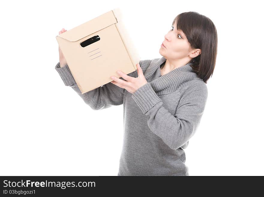 Young adult brunette woman holding cardbox. over white background. Young adult brunette woman holding cardbox. over white background