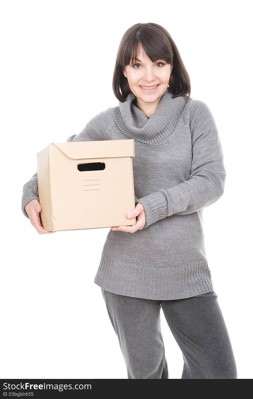 Young adult brunette woman holding cardbox. over white background. Young adult brunette woman holding cardbox. over white background