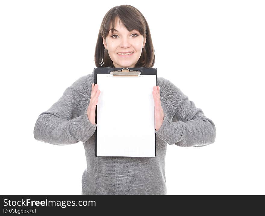 Young adult woman with banner. over white background