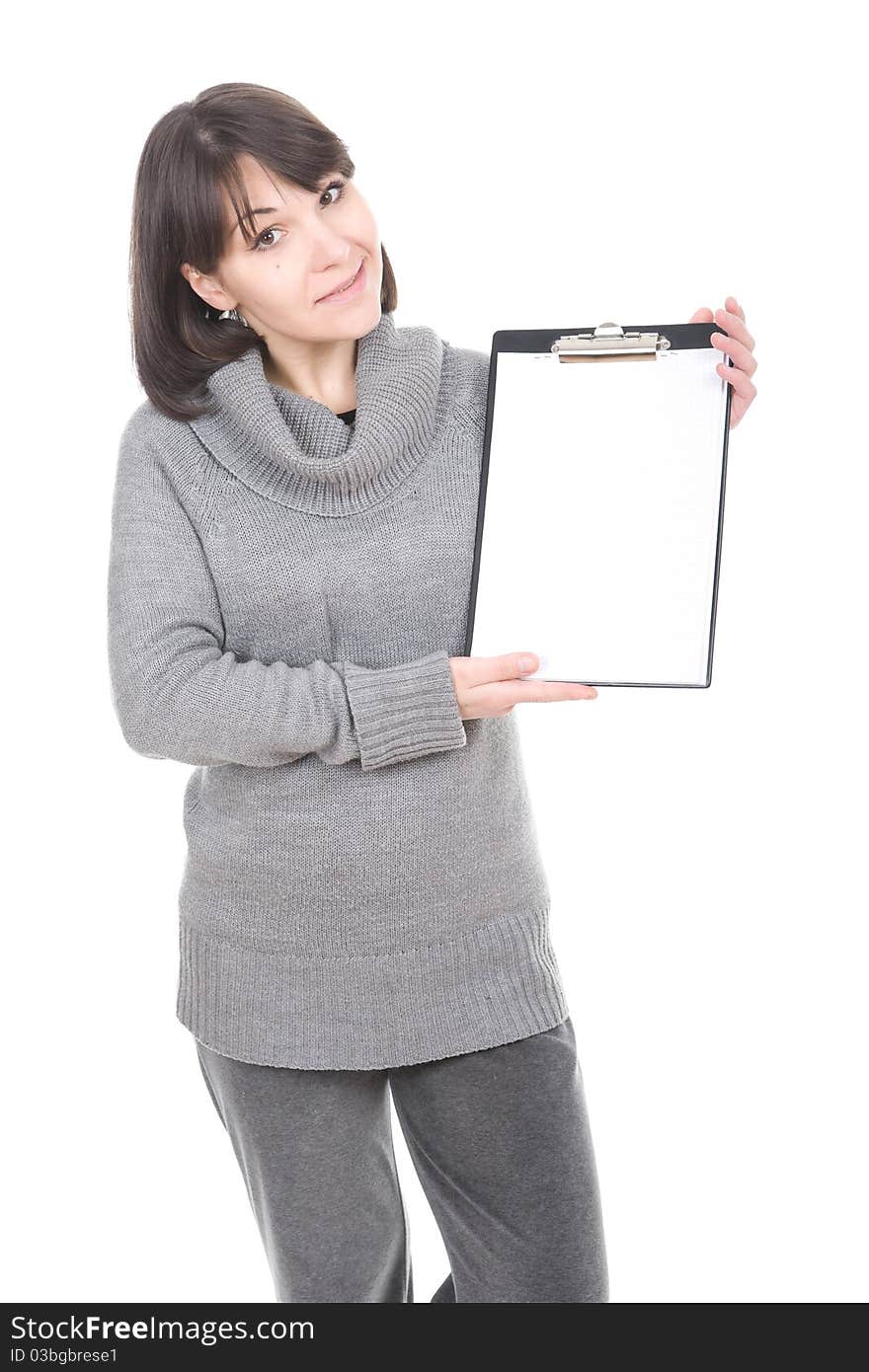 Young adult woman with banner. over white background