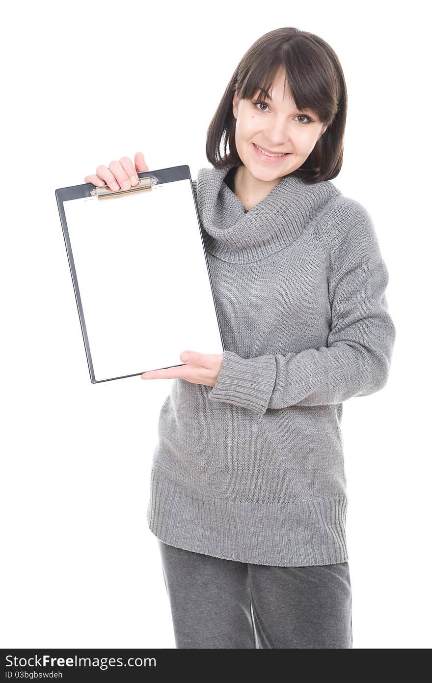 Young adult woman with banner. over white background