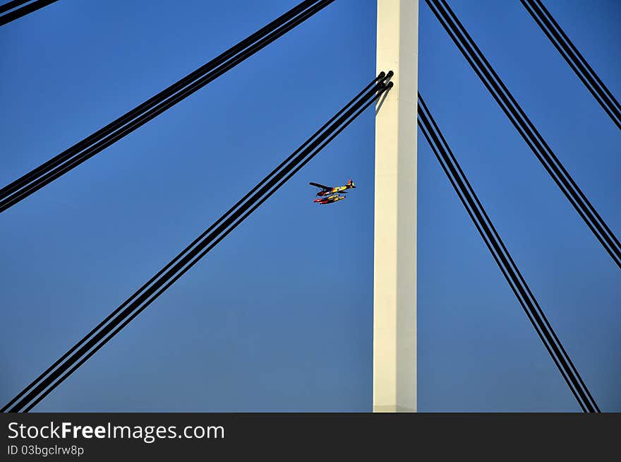 Picture of painted plane above bridge. Picture of painted plane above bridge