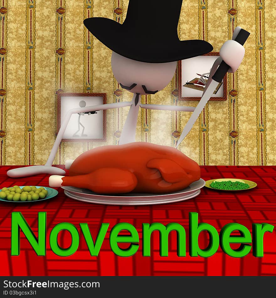 3d figure eating a turkey; this picture deals with the theme of november. 3d figure eating a turkey; this picture deals with the theme of november.