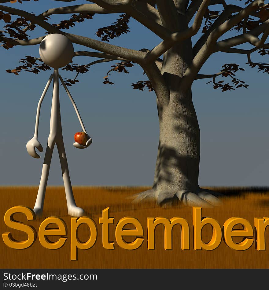 3d figure standing besides a tree; this picture deals with the theme of september. 3d figure standing besides a tree; this picture deals with the theme of september.