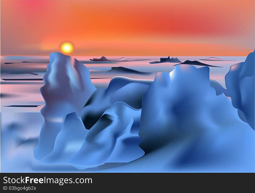 Sunset in snow desert illustration