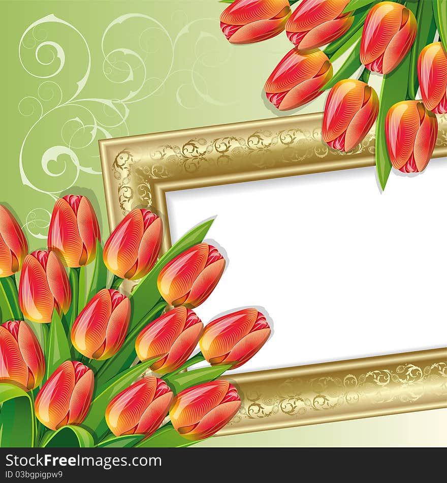 Spring green background with frame and red tulips.Clipping Mask. Spring green background with frame and red tulips.Clipping Mask