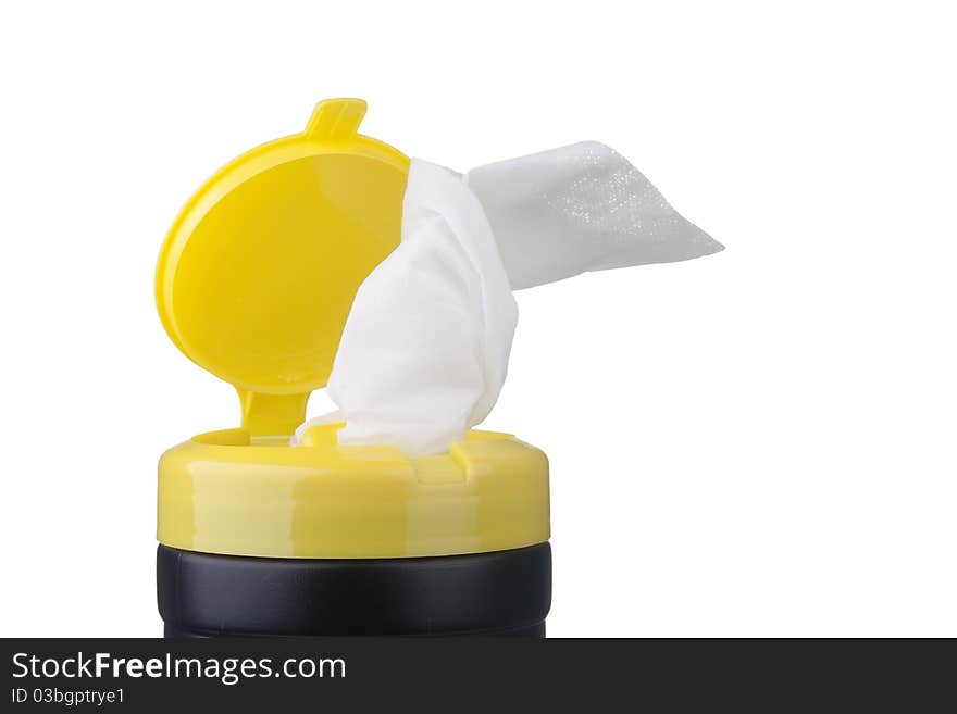 Napkin for cleaning in a plastic container with a white background. Napkin for cleaning in a plastic container with a white background.