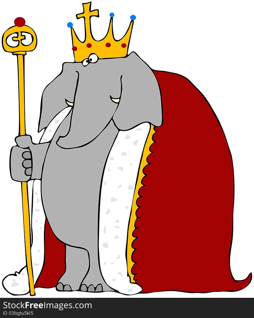 This illustration depicts an elephant wearing a crown and robe while holding a staff. This illustration depicts an elephant wearing a crown and robe while holding a staff.