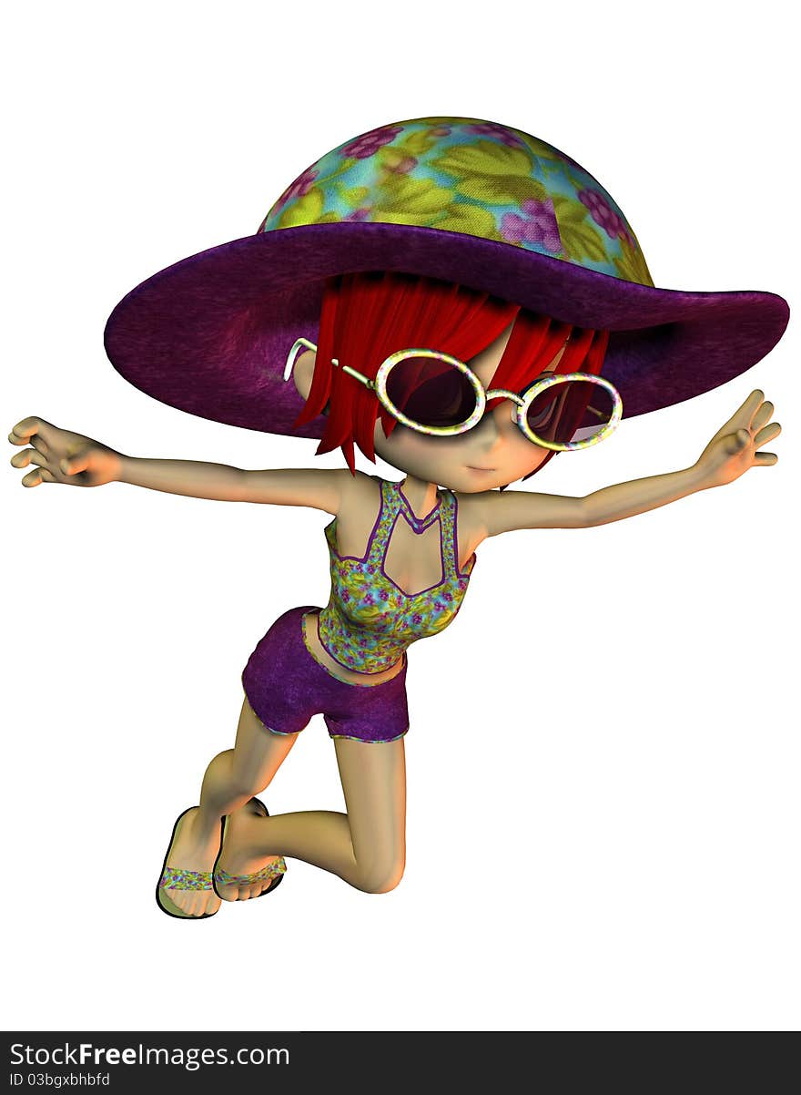 3D rendering girl with tropical hat and sunglasses. 3D rendering girl with tropical hat and sunglasses