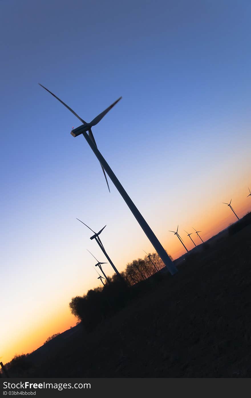 Wind farm at colorfull sunset. Wind farm at colorfull sunset