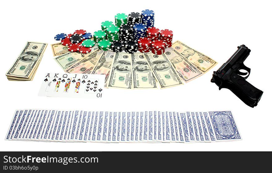 Poker chips, money, playing cards,gun and royal flush isolated on a white background. Poker chips, money, playing cards,gun and royal flush isolated on a white background