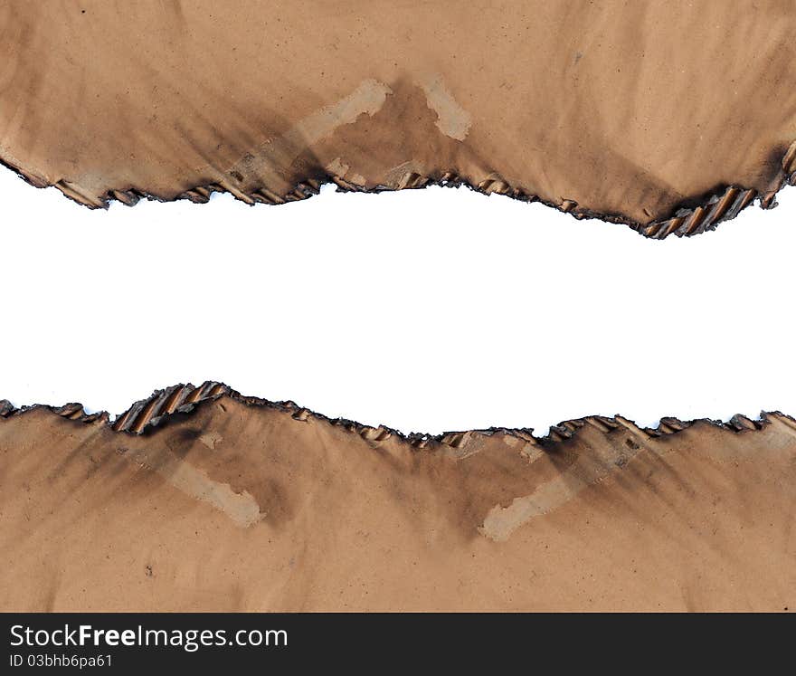 Burned cardboard paper frame. isolated over white background. high resolution