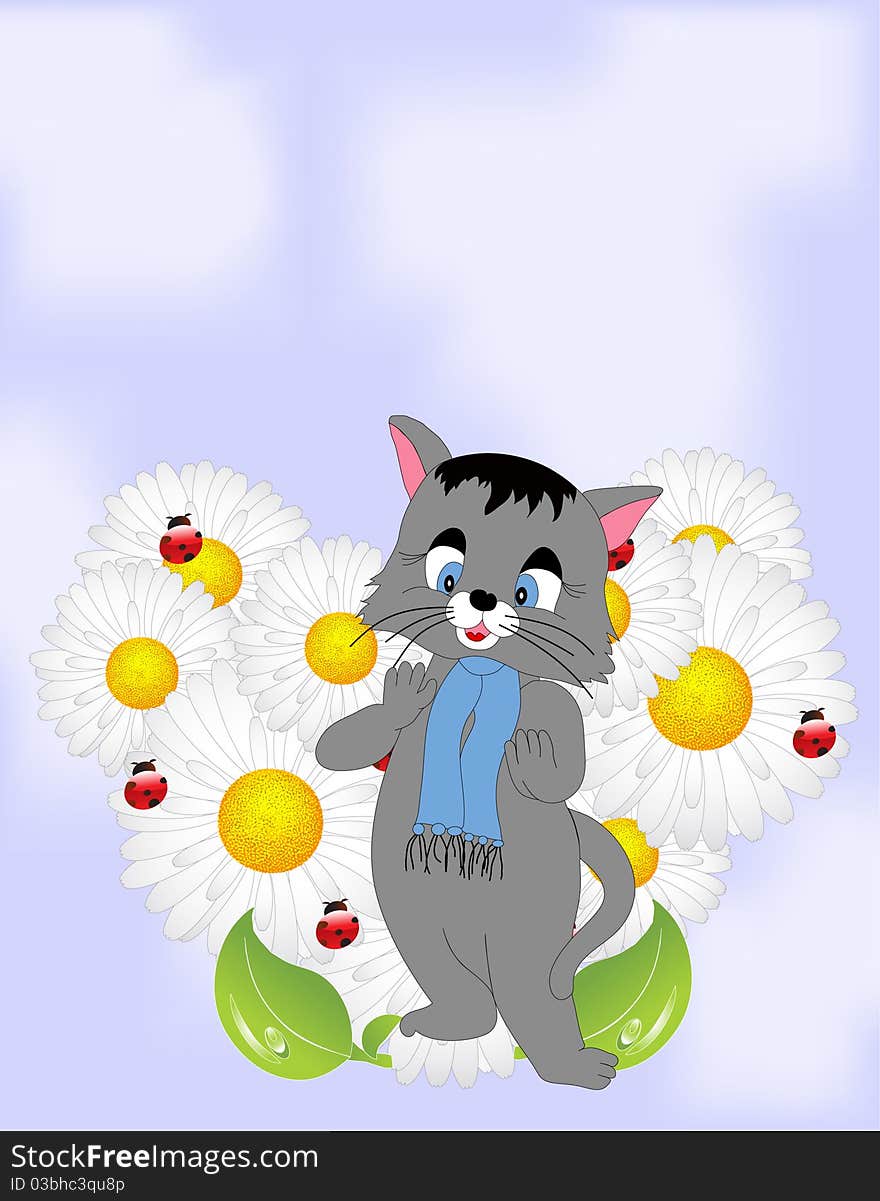 Cartoon Cat With Daisies