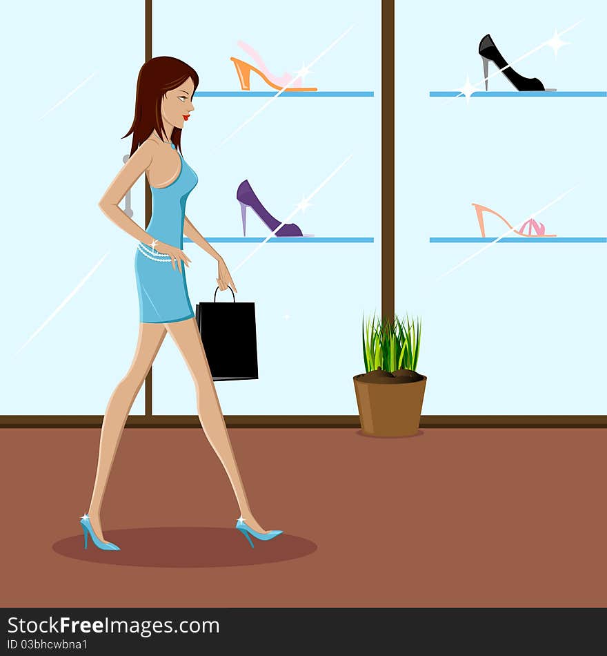 Illustration of fashionable lady shopping in a mall