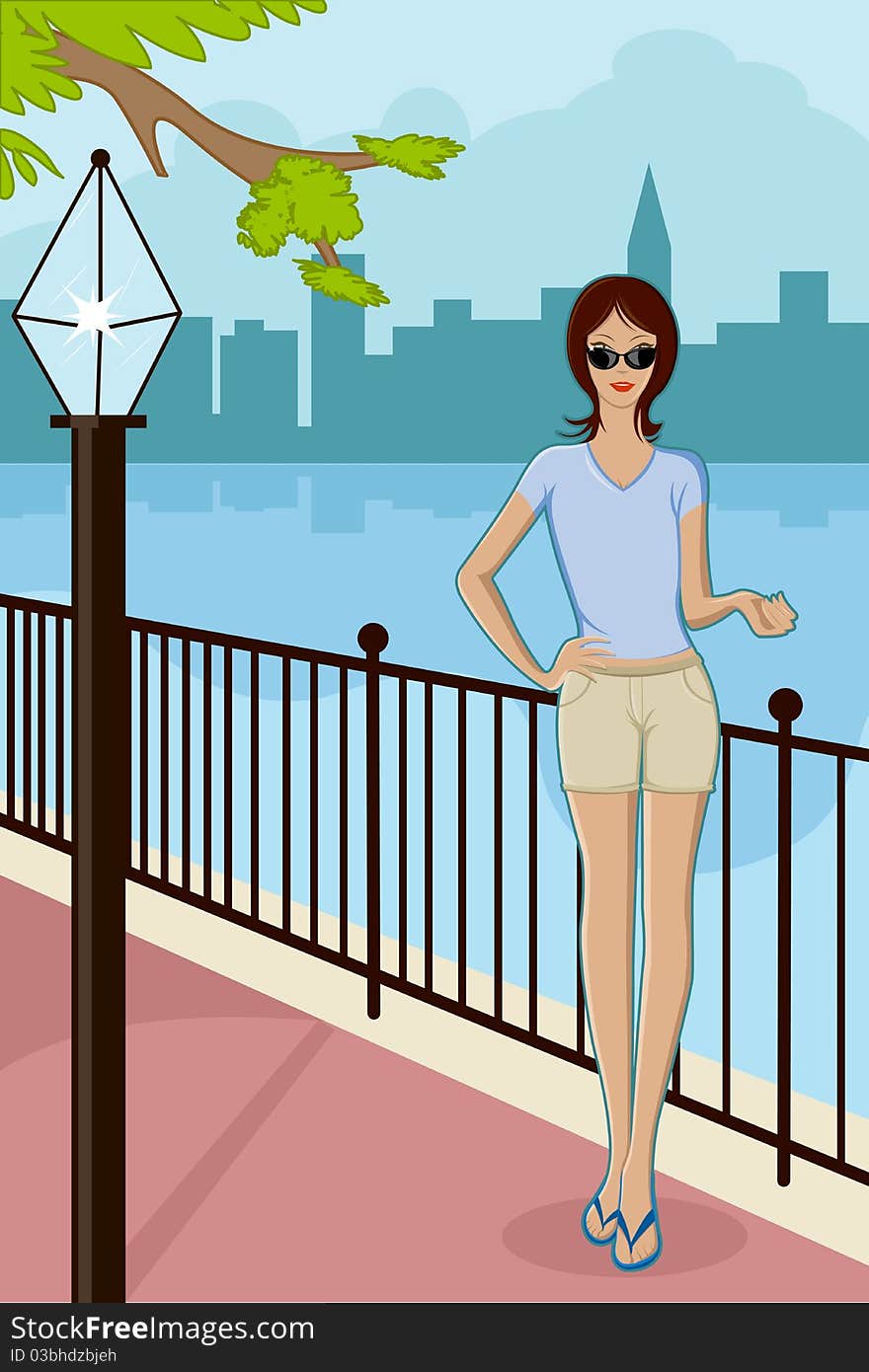 Illustration of trendy lady standing on street with city scape on background