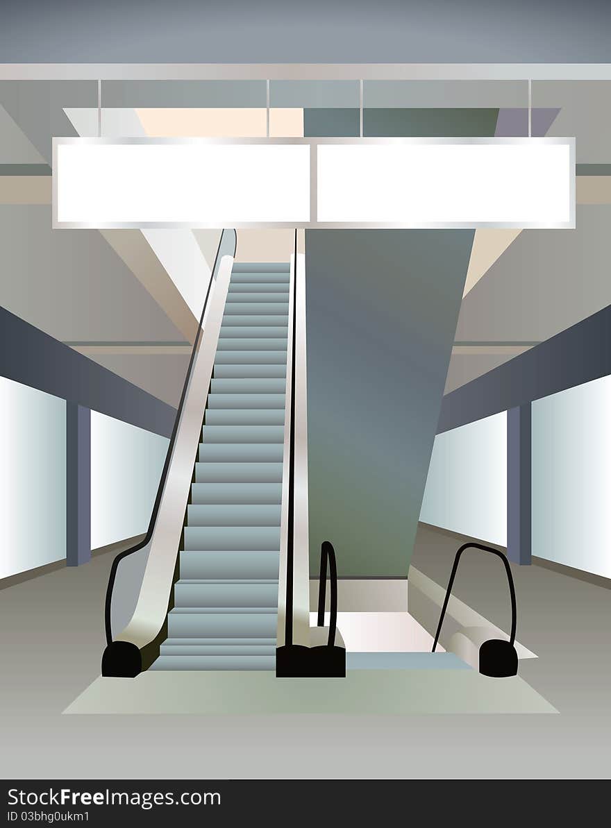 Two escalators in mall and plates, vector