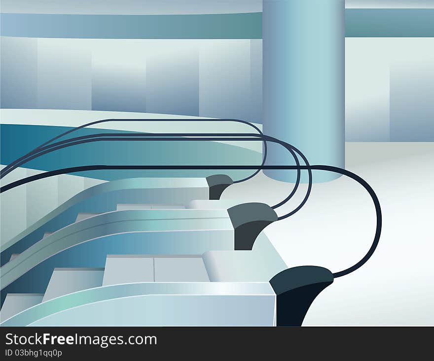 Blue escalators indoor in mall, vector