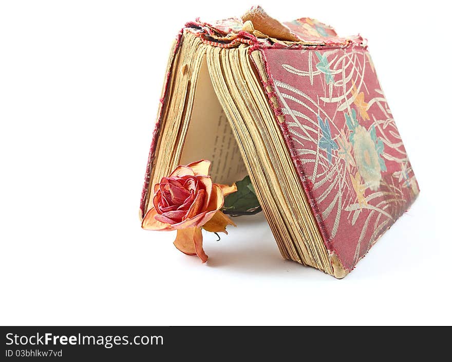 Dried red rose and opened old book, published in 1925. Dried red rose and opened old book, published in 1925