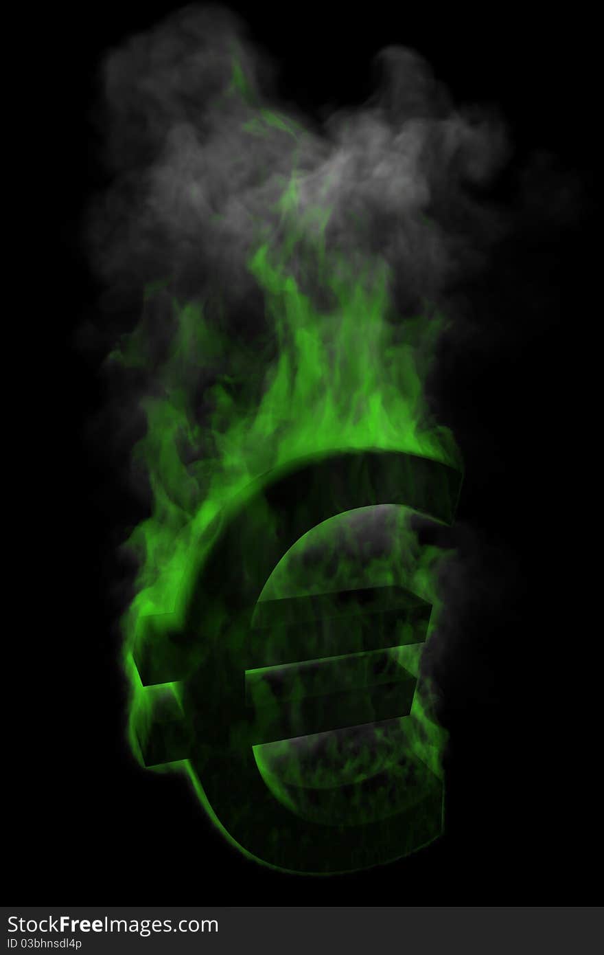 Money Euro symbol in fire on a black background