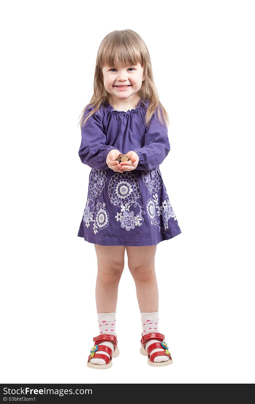 Young girl in purple dress with a lot of coins. Young girl in purple dress with a lot of coins