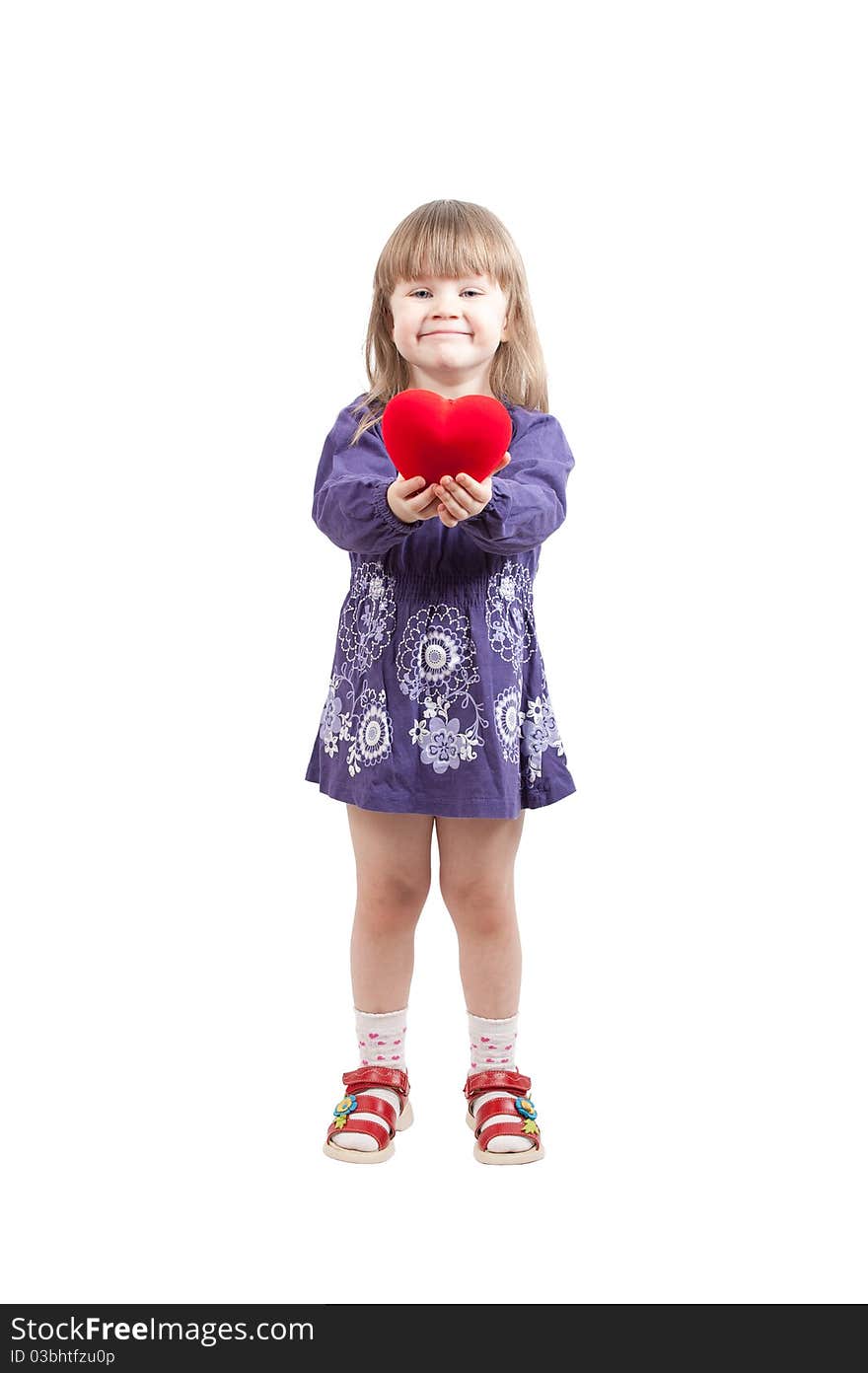 Young girl in purple dress with red heart. Young girl in purple dress with red heart