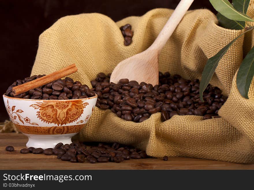 Beans of coffee on a bowl