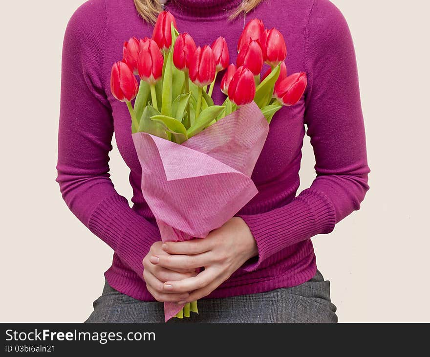 View of a bouquet of pink tulips
