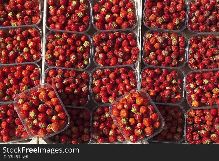 Red and bright strawberry boxes seen from above