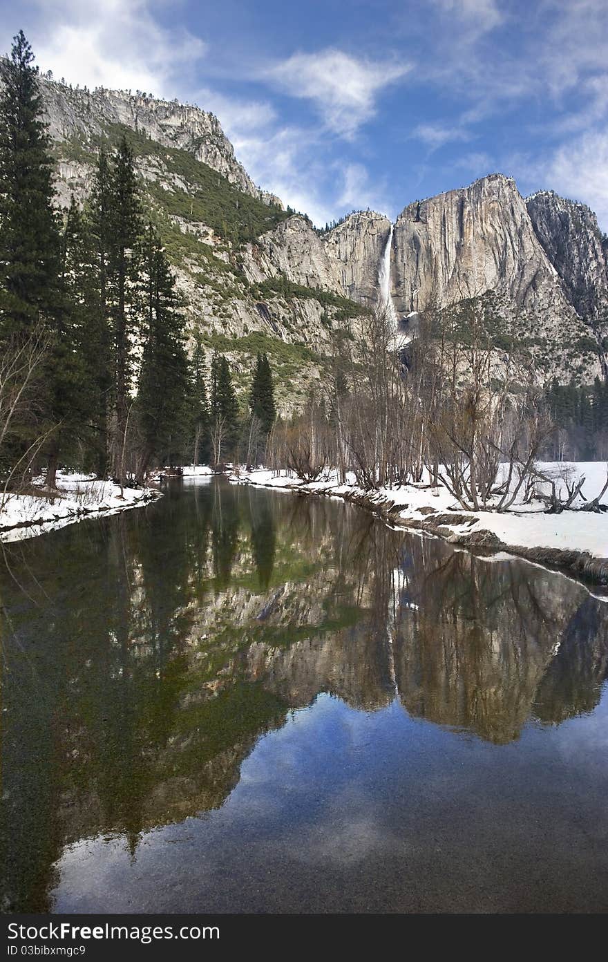 Yosemite Falls and a perfect reflection in Winter. Yosemite Falls and a perfect reflection in Winter.