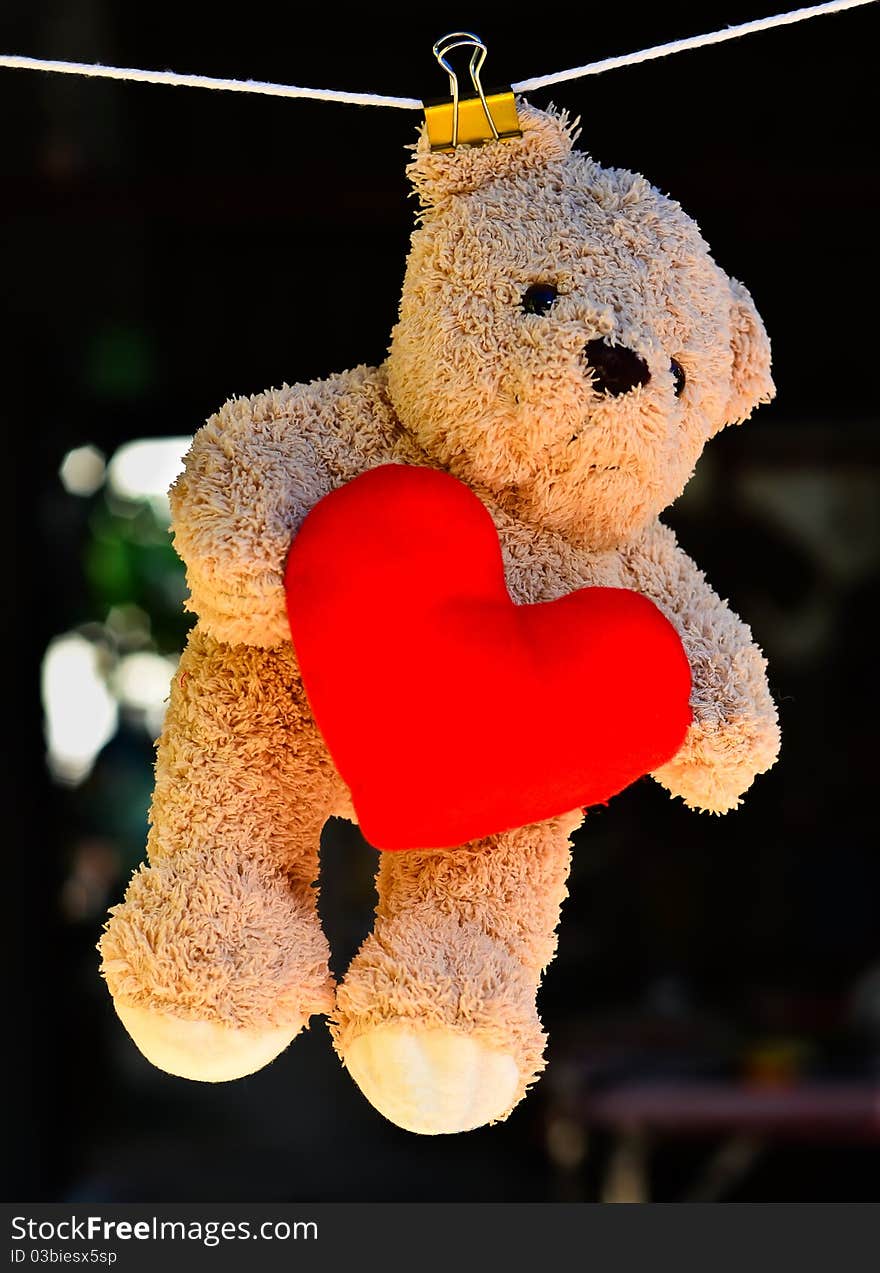 Wet teddy on a clothesline with Red Heart