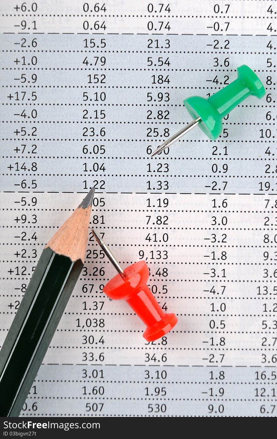 Pencil and drawing pin on a data paper, means working, information, analysis, data storage or result or key and important data. Pencil and drawing pin on a data paper, means working, information, analysis, data storage or result or key and important data.