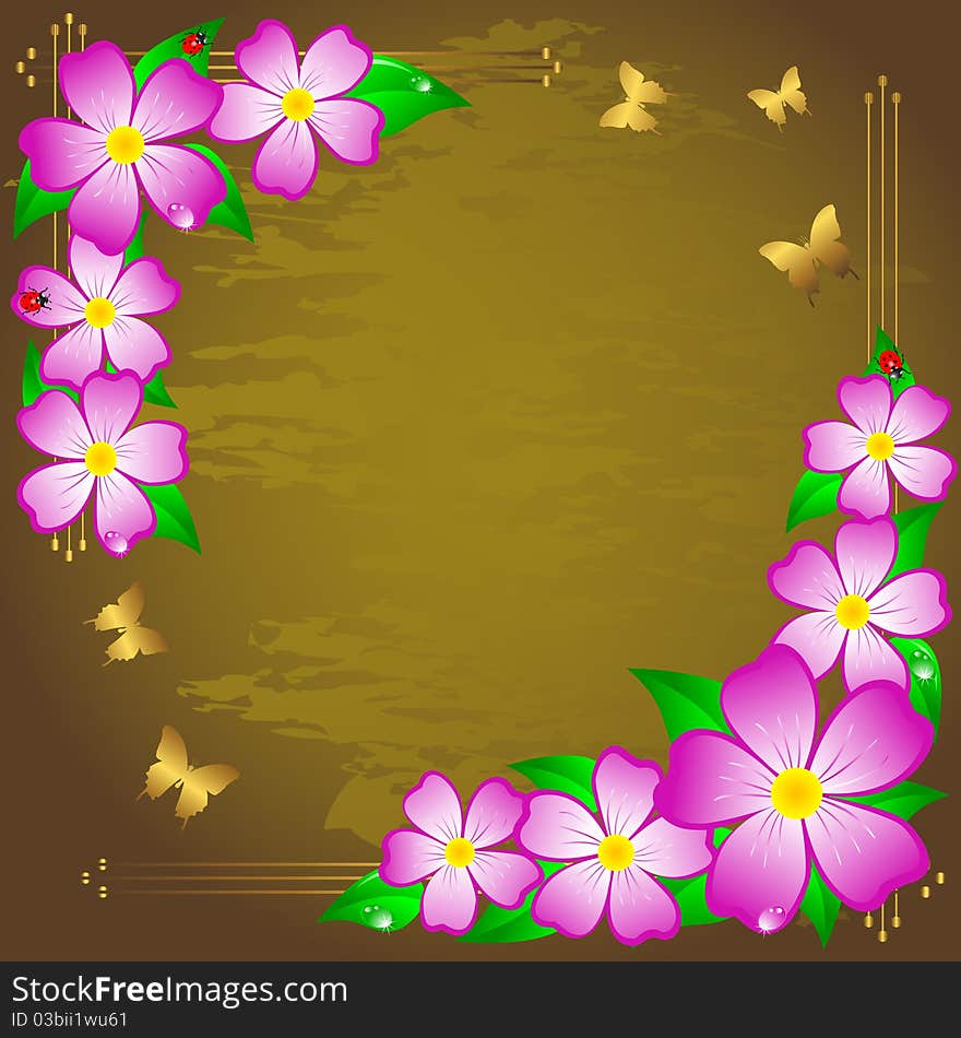 Grunge background with beautiful flowers and golden butterflies. Grunge background with beautiful flowers and golden butterflies.