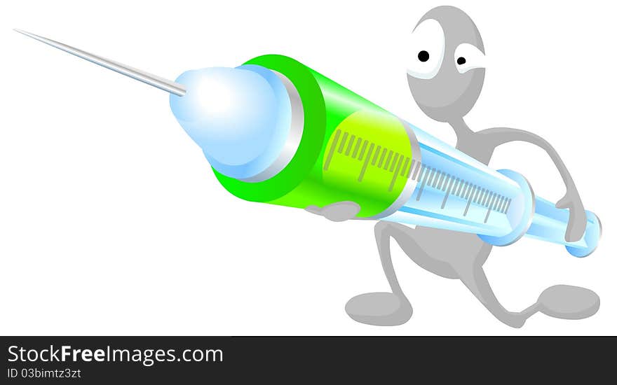 Grey man holds syringe filled with green medication. Grey man holds syringe filled with green medication.