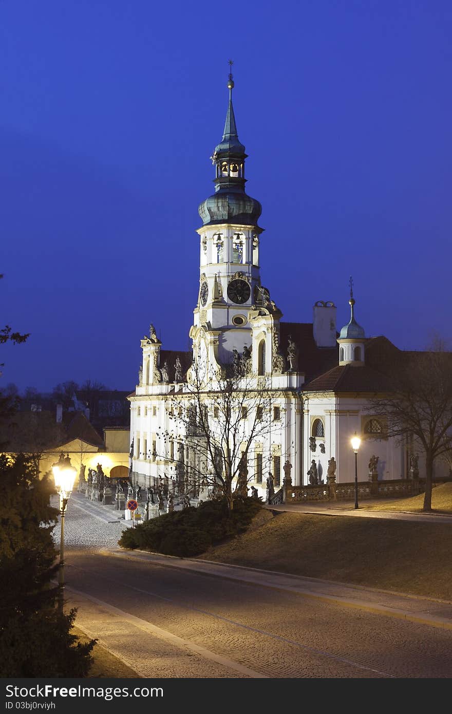 The Loreta at night. It is the pilgrimage destination in Hradcany, a district of Prague, Czech Republic. The Loreta at night. It is the pilgrimage destination in Hradcany, a district of Prague, Czech Republic.