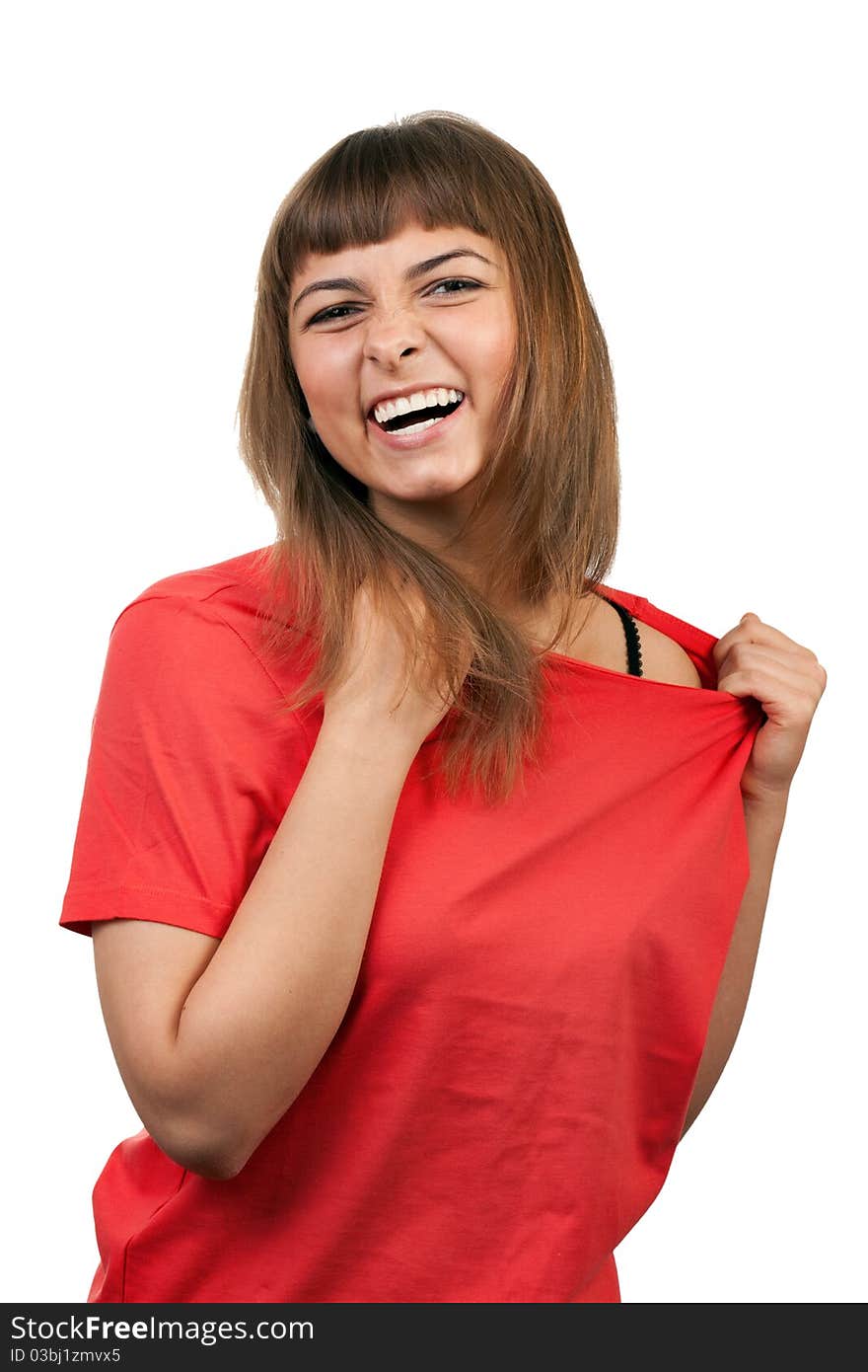 Portrait of the brunette in a red sweater isolated on a white background