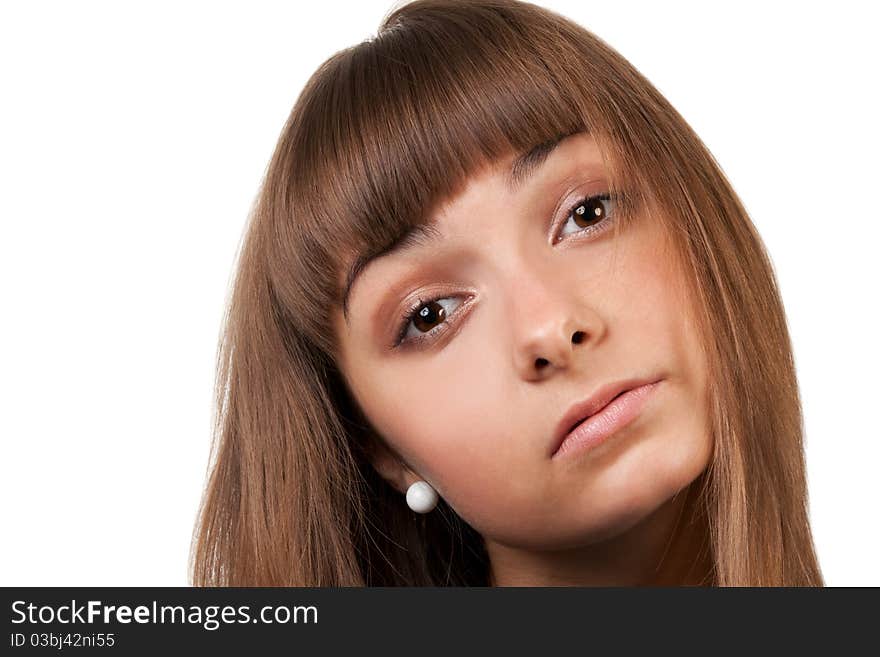 Portrait of a young brunette, isolated on a white background. Portrait of a young brunette, isolated on a white background