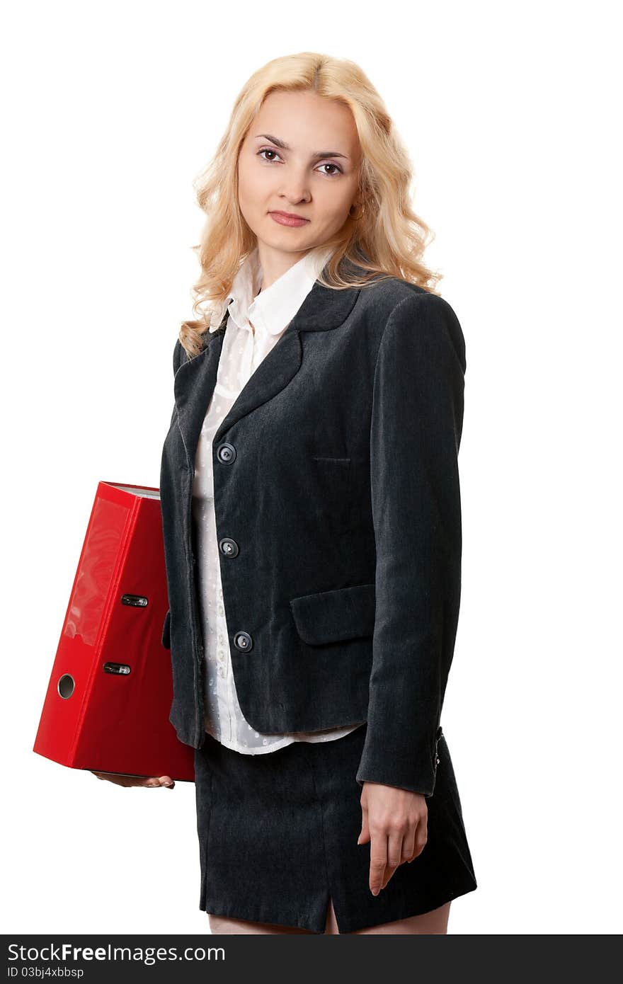 Business girl with a red office folder on a white background. Business girl with a red office folder on a white background