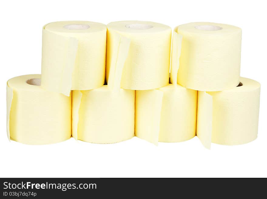 Seven rolls of toilet paper isolated on white background