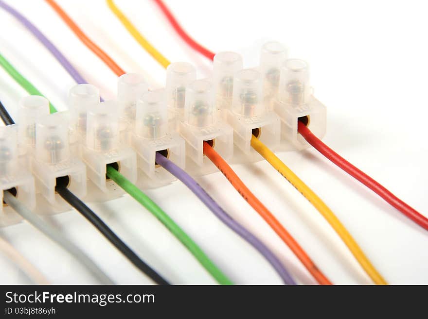 Closeup of colorful electric wires in connectors